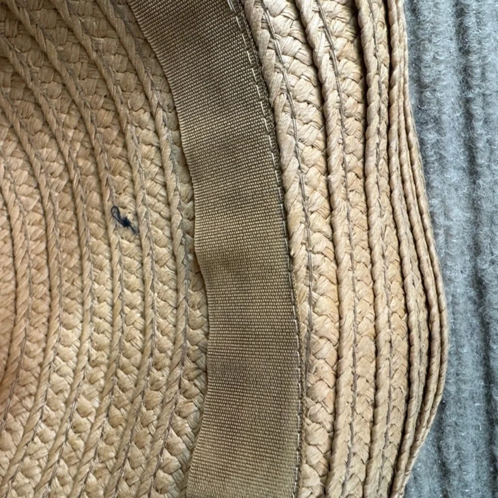 Ann Taylor Factory Straw Fedora Hat Tan Tropical Leaf Print Band Summer Sun Hat